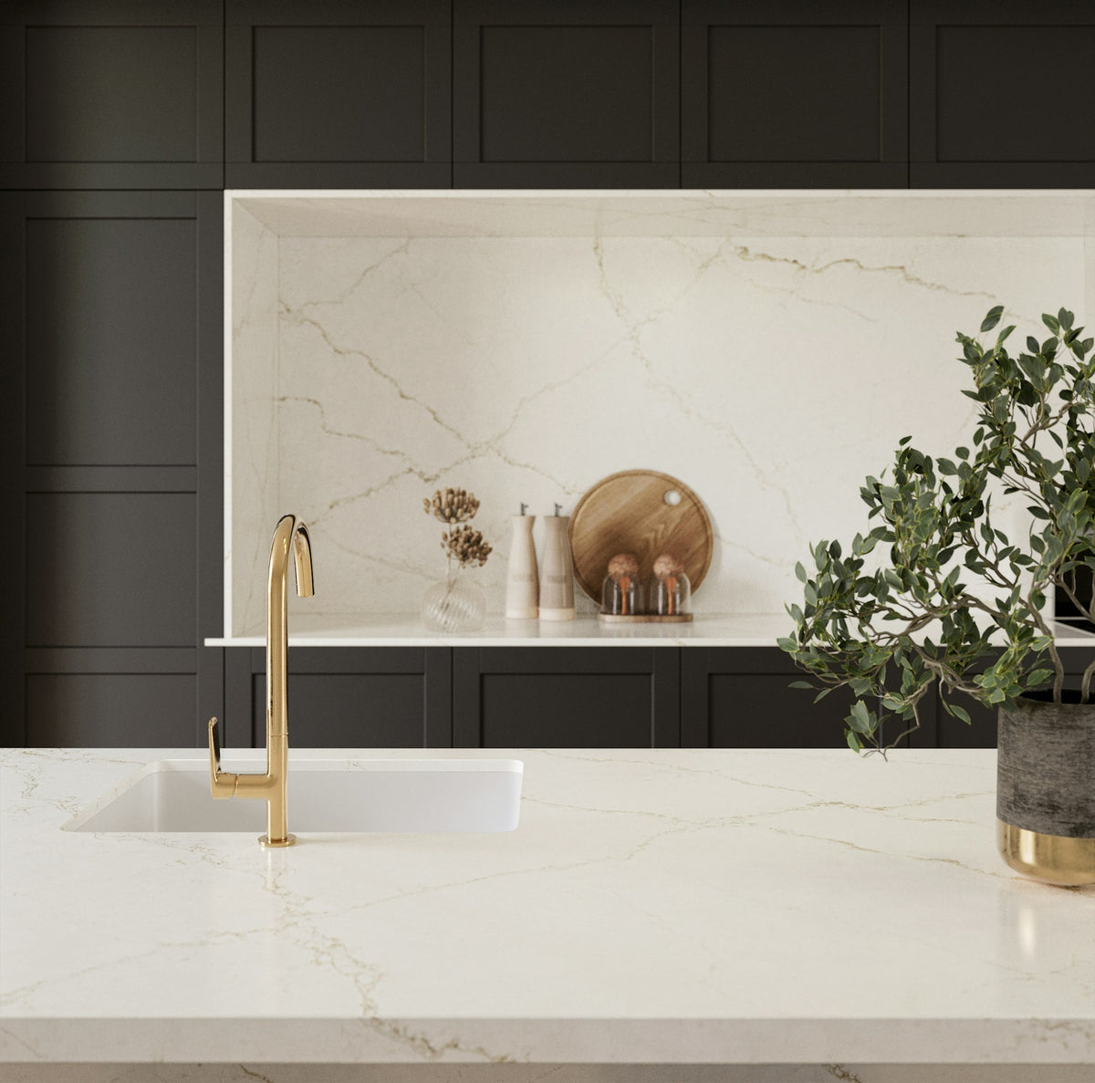 Silestone Blanc Élysée — projet silestone xm kitchen usa le chic boheme blanc elysee detalle | Union Stone
