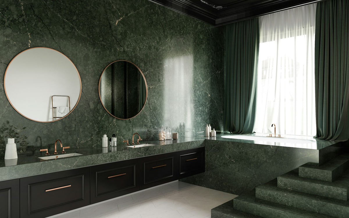 Silestone Jardin Emerald — projet silestone xm bathroom usa le chic boheme jardin emerald | Union Stone