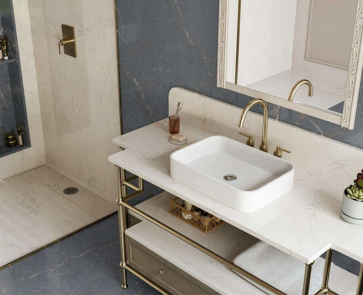 Silestone Parisien Bleu — projet silestone bathroom na le chic parisien bleu plano detalle | Union Stone