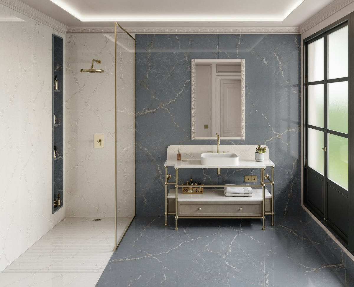 Silestone Parisien Bleu — projet silestone bathroom na le chic parisien bleu plano general | Union Stone