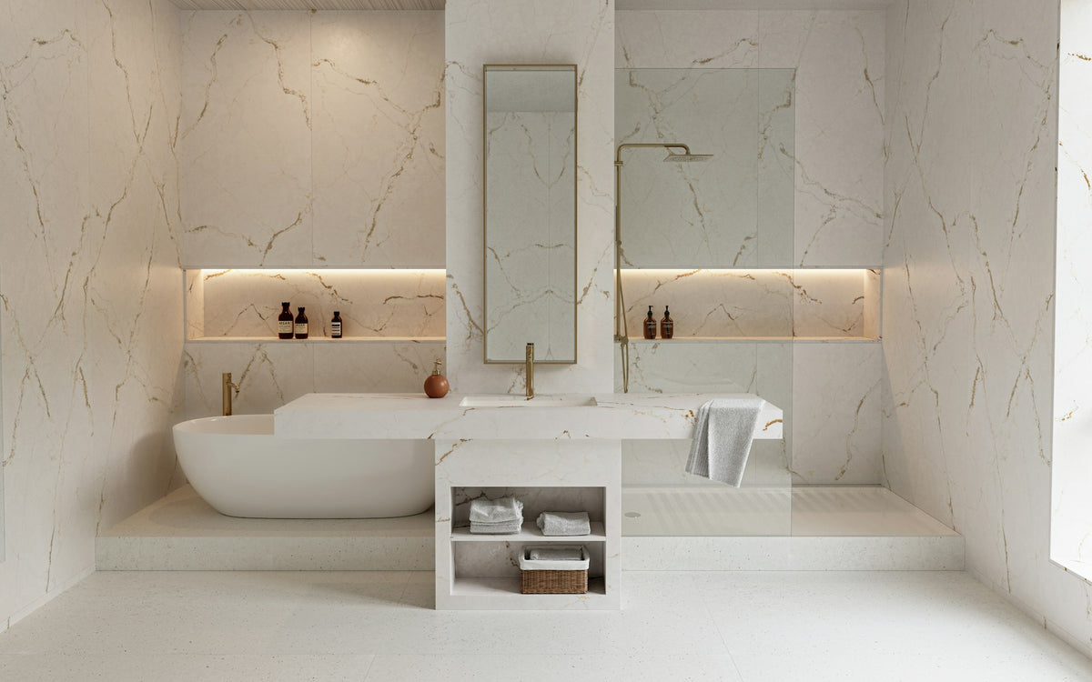 Silestone Versailles Ivory — projet silestone bathroom eu le chic versailles ivory plano general | Union Stone